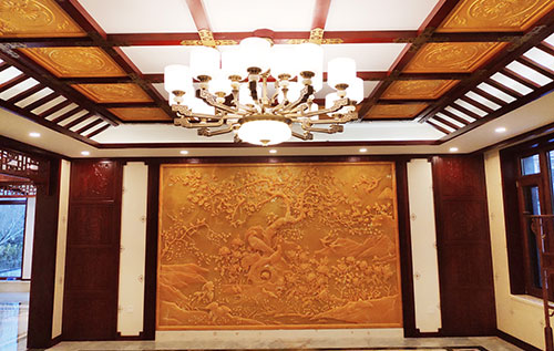 蛟河中式别墅客厅中式木作横梁吊顶装饰展示